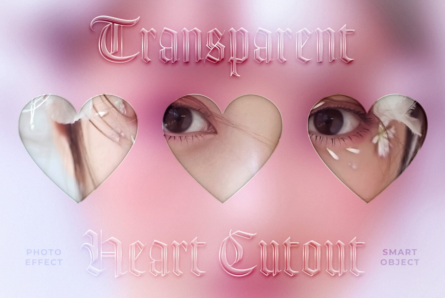 Heart cutout photo effect template with three heart-shaped frames showcasing eyes on a pink gradient background suitable for designers.