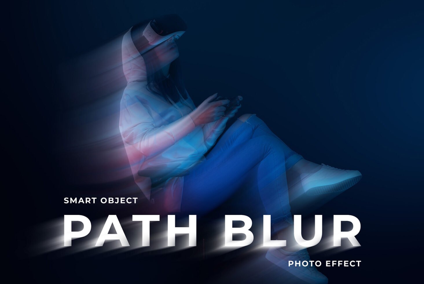VR headset user sits with gaming controller, dynamic motion blur effect, smart object for Photoshop, photo editing asset, designer resource.