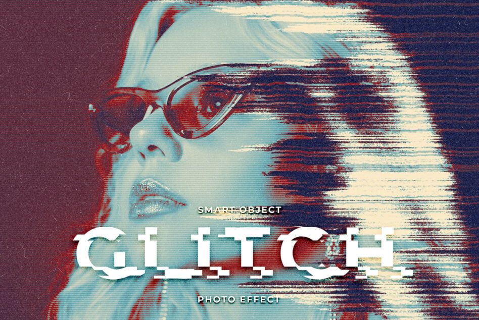 Glitch art portrait with sunglasses, horizontal distortion effect over face, vintage color grading