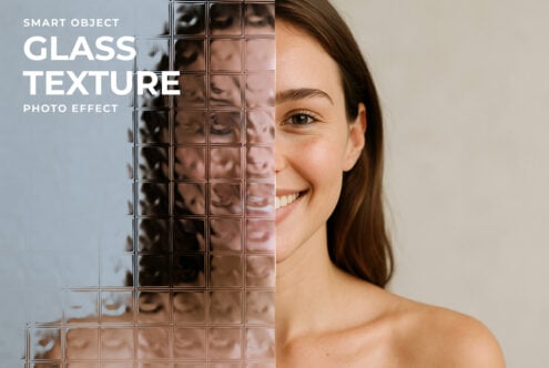 Glass texture photo effect template showcasing a smart object half covering a smiling woman's face ideal for mockups and design projects.
