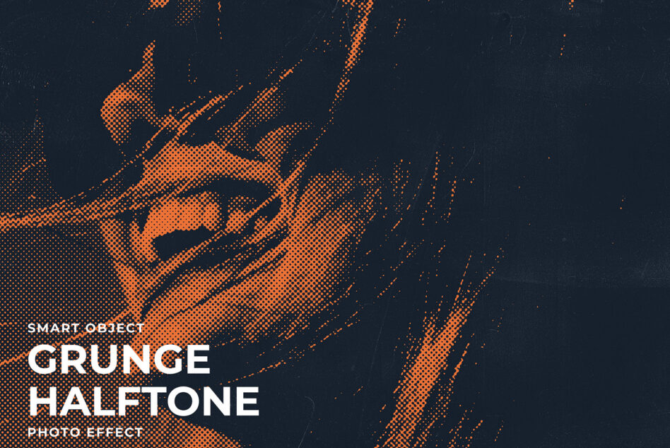 Grunge halftone photo effect with orange dots on dark blue