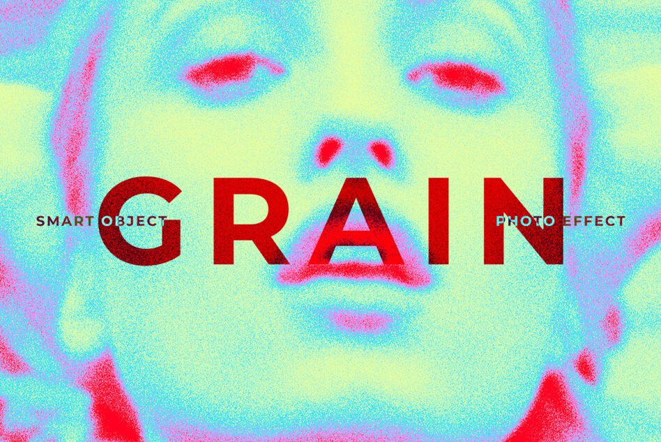 Grain photo effect smart object with colorful halftone mockup template