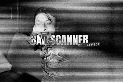 Grainy black and white mockup with distorted face effect and text Bad Scanner PSD effect; ideal for designers seeking unique graphic visuals.