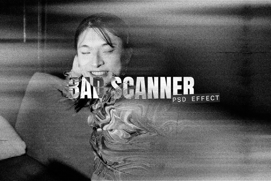 Scanlines distortion effect over bold white text reading scanner on black