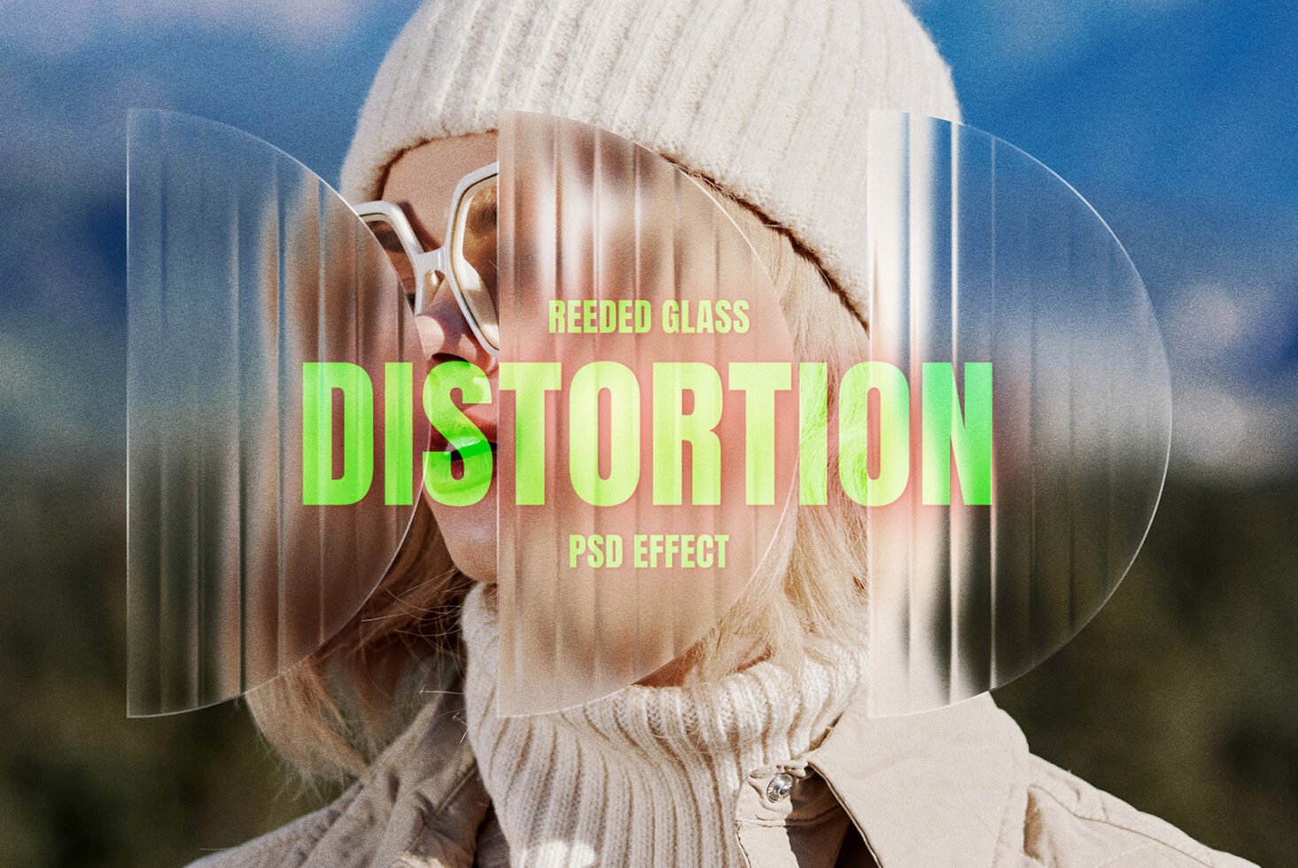 Reeded glass distortion PSD effect overlay on a woman's portrait wearing sunglasses and a knit hat. Perfect for designers seeking creative graphics mockups.
