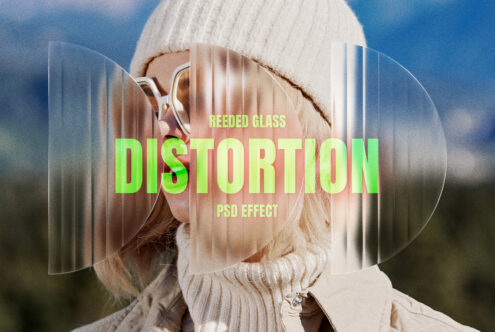 Reeded glass distortion PSD effect overlay on a woman's portrait wearing sunglasses and a knit hat. Perfect for designers seeking creative graphics mockups.