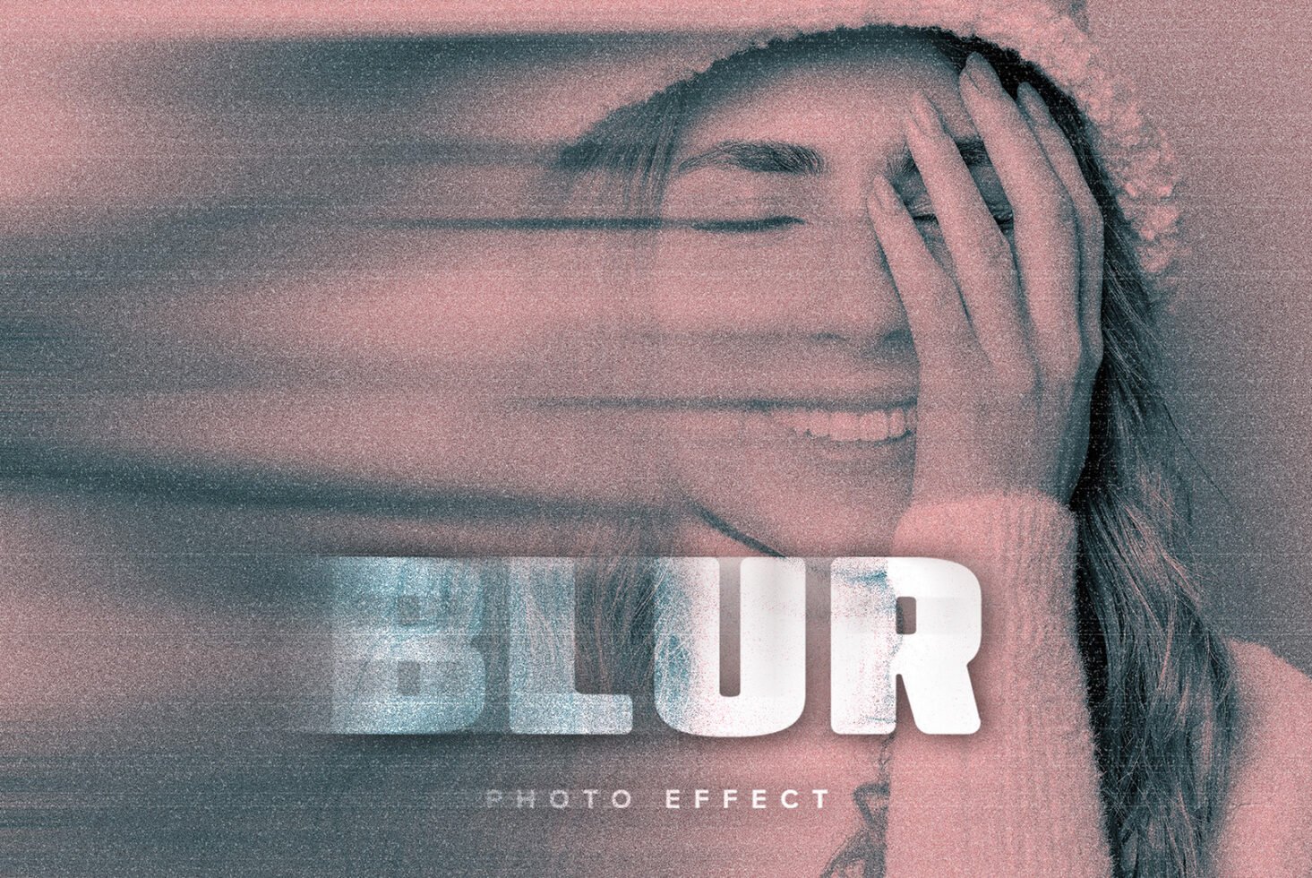 Blur photo effect template showcasing a woman partially covered by hand with motion blur lines ideal for graphic design mockups and artistic visuals.