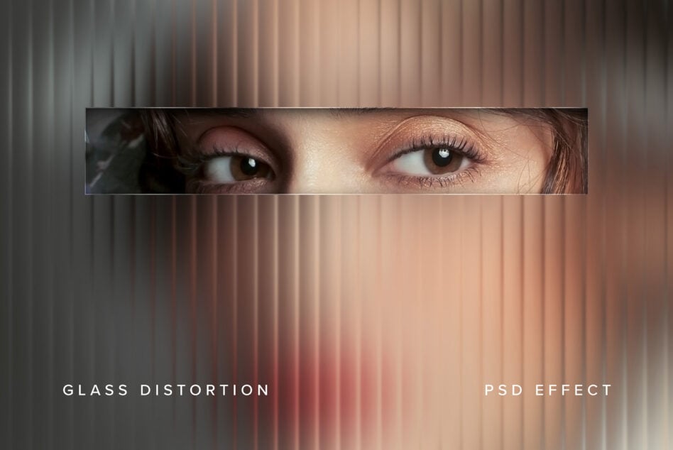 Eyes closeup behind vertical glass refraction lines with pink gradient