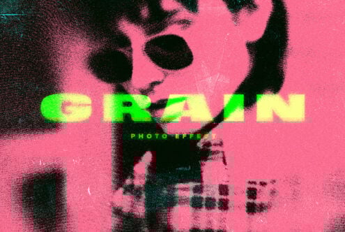 Grain photo effect template with vibrant neon colors and textured design ideal for designers and creatives seeking retro graphic elements and mockups.