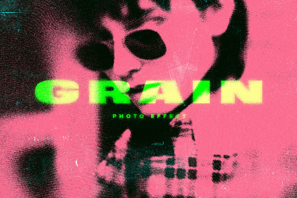 Grain photo effect template with vibrant neon colors and textured design ideal for designers and creatives seeking retro graphic elements and mockups.