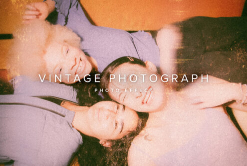Vintage photograph effect with three people smiling, laying down. Sepia tones and grainy texture create a retro feel. Ideal for mockups and graphic design.