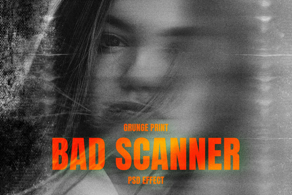 Grayscale portrait with orange scanline glitch text reading bad scanner