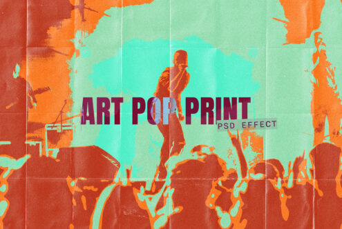Vibrant art pop print effect with turquoise, orange, fiery person silhouette against grunge texture