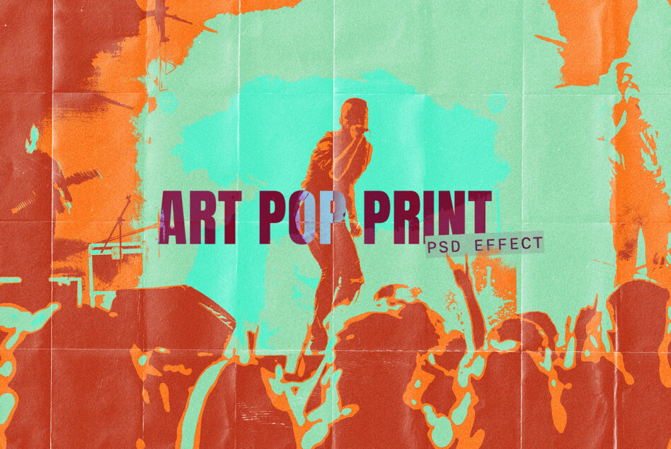 Vibrant art pop print effect with turquoise, orange, fiery person silhouette against grunge texture
