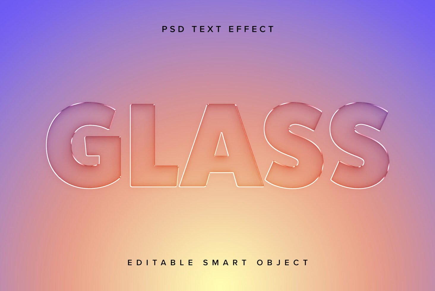 Glass text effect on gradient background PSD. Editable smart object for designers to create stunning graphics and templates. Perfect for mockups and fonts.