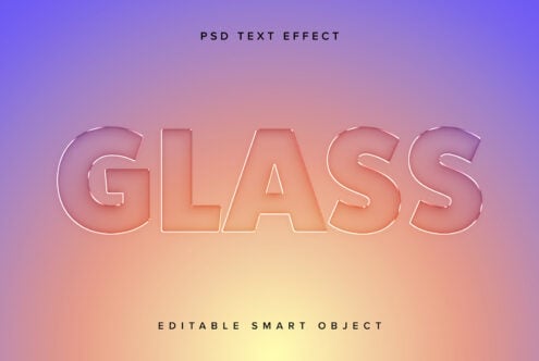 Glass text effect on gradient background PSD. Editable smart object for designers to create stunning graphics and templates. Perfect for mockups and fonts.