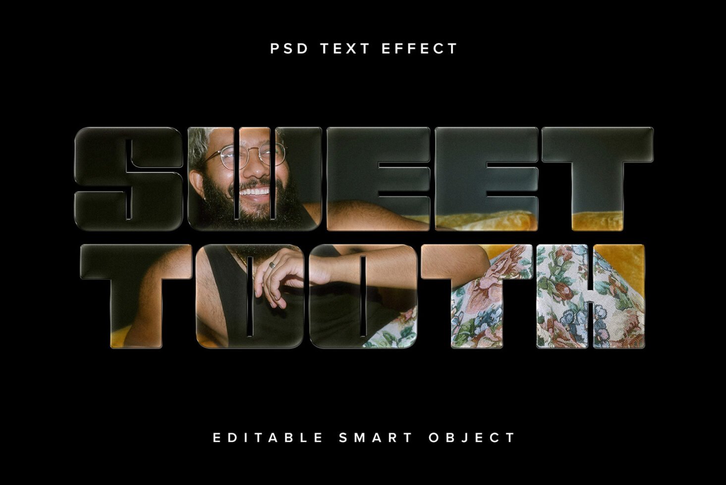 Bold text effect mockup with the words Sweet Tooth featuring a smiling man. Ideal for designers seeking editable PSD text effects templates.