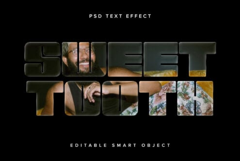 Bold text effect mockup with the words Sweet Tooth featuring a smiling man. Ideal for designers seeking editable PSD text effects templates.