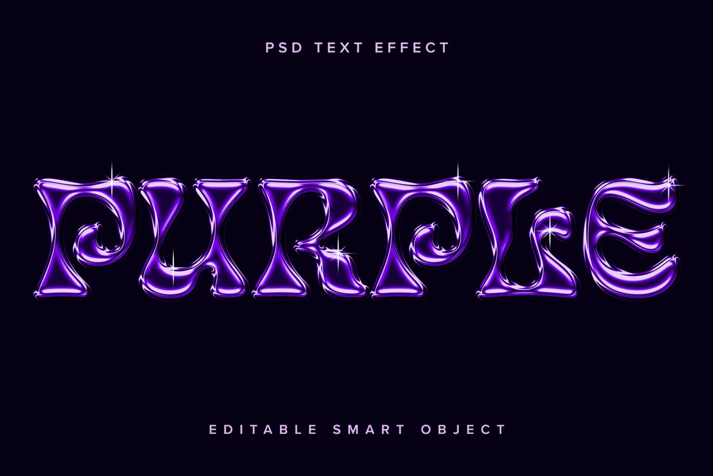 Purple glossy PSD text effect displaying shiny, reflective 3D letters with highlights, perfect for graphic designers. Editable smart object included.