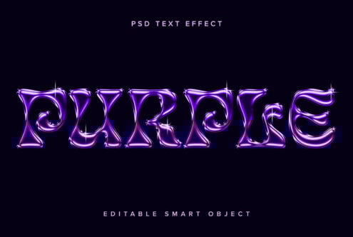 Purple glossy PSD text effect displaying shiny, reflective 3D letters with highlights, perfect for graphic designers. Editable smart object included.