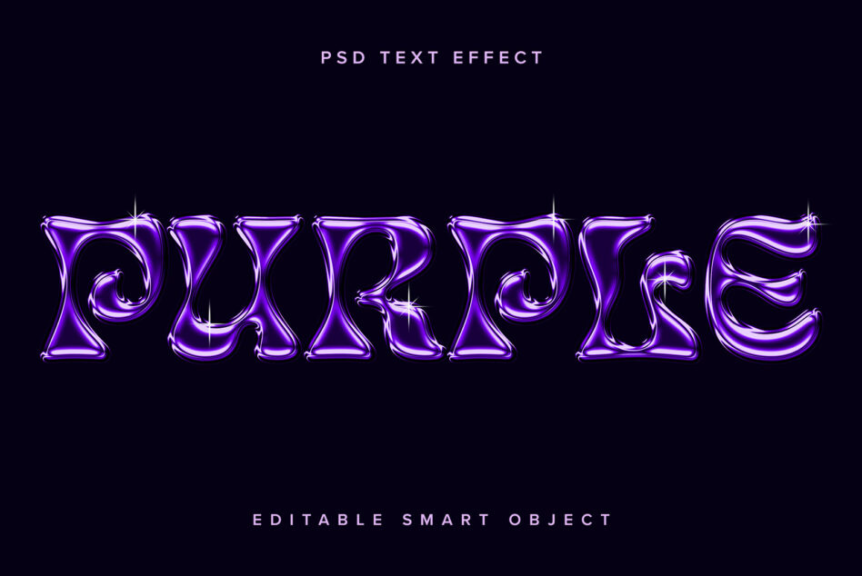 Purple glossy PSD text effect displaying shiny, reflective 3D letters with highlights, perfect for graphic designers. Editable smart object included.