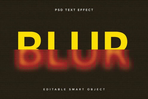 Blur text effect with yellow letters on dark background fading to red blur. PSD file for designers. Editable smart object for graphics and templates.