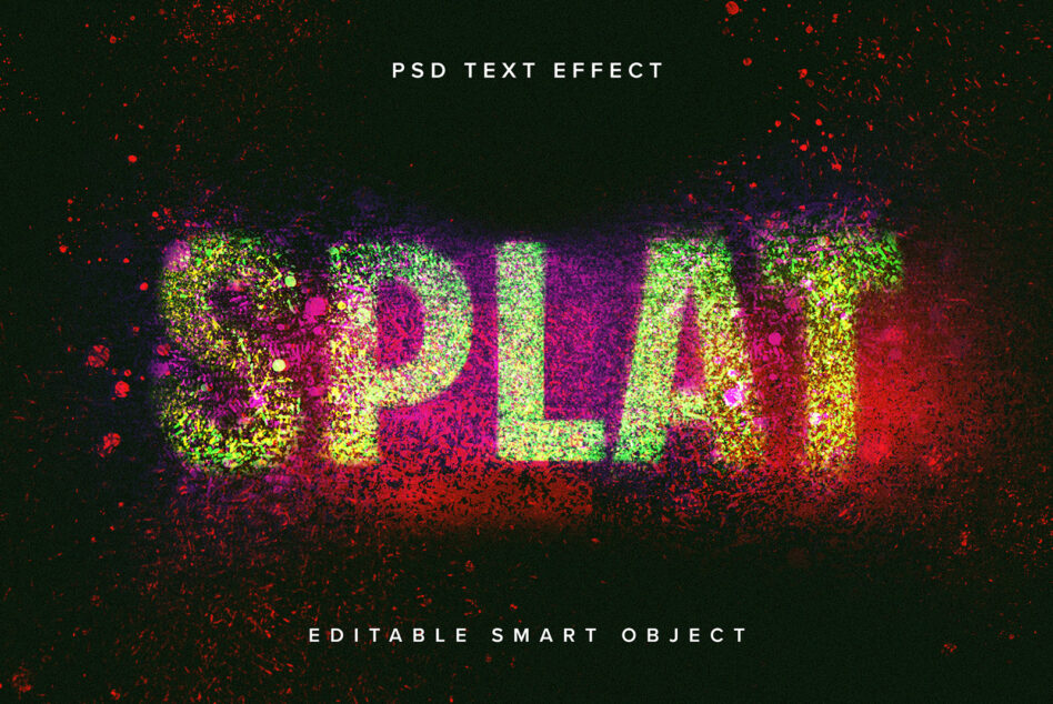 Bright particle explosion text effect in lime green, pink, yellow on dark background