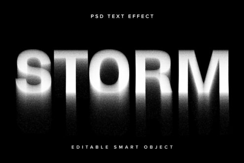 Bold text reading Storm with a glitch effect over a dark background. This PSD text effect is an editable smart object ideal for graphic designers and mockups.