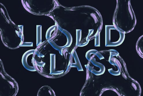 Iridescent liquid glass text reading LIQUID CLASS with purple swirls