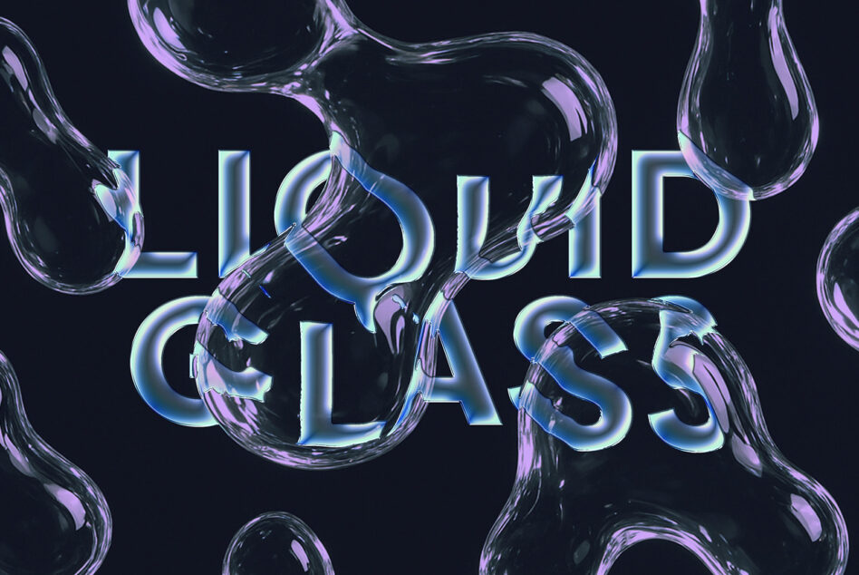Iridescent liquid glass text reading LIQUID CLASS with purple swirls