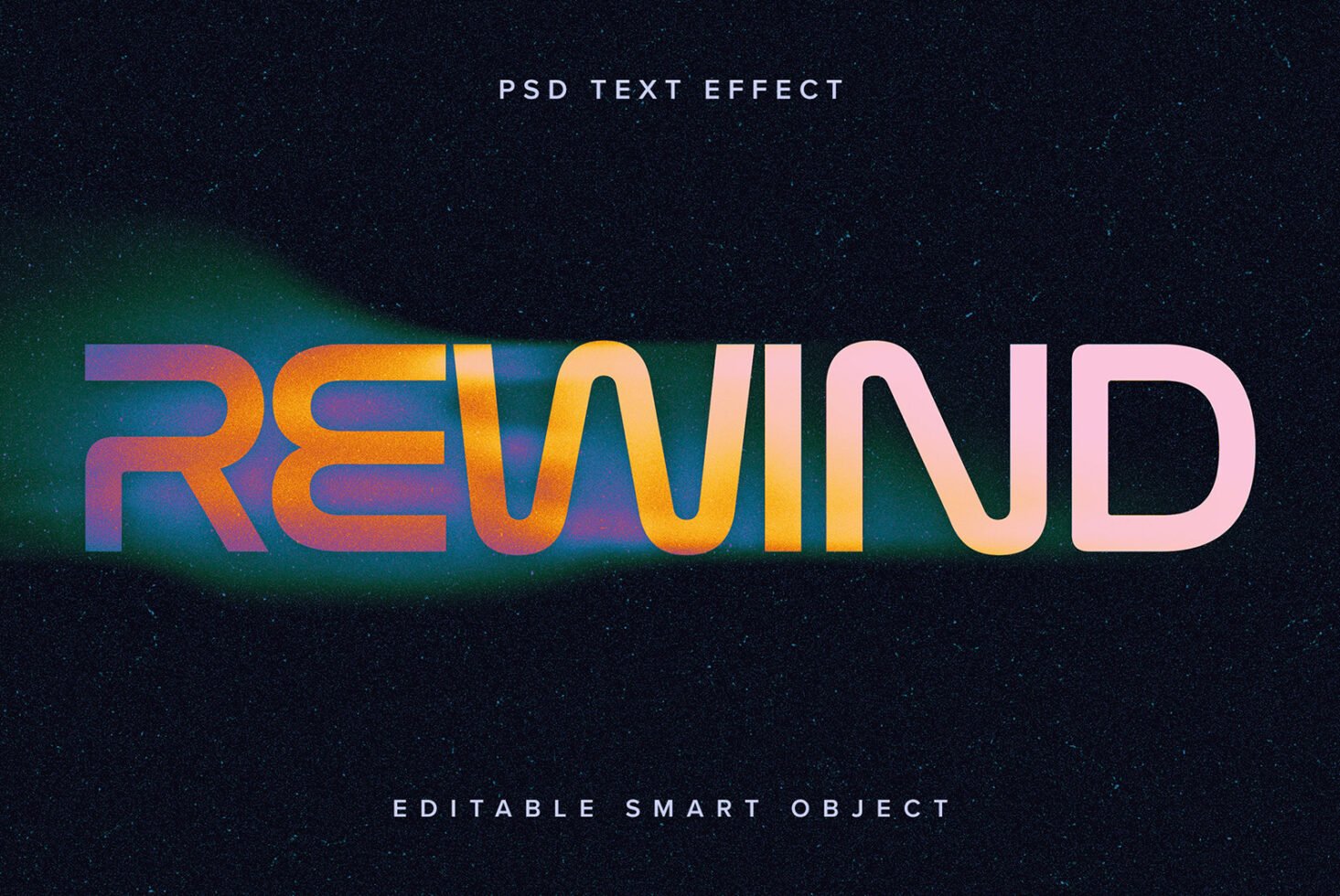 Colorful neon text effect on dark background reading REWIND editable PSD smart object for designers text effects mockups digital assets.