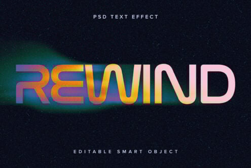 Colorful neon text effect on dark background reading REWIND editable PSD smart object for designers text effects mockups digital assets.