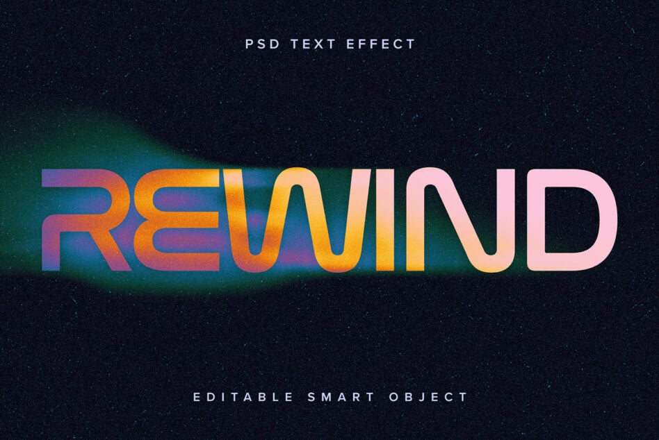 Colorful gradient text reading REWIND with glowing neon effect on starry background