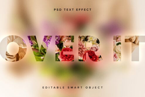 PSD text effect with bold letters OVER IT filled with vibrant flowers. Editable smart object ideal for designers needing unique and creative typography.