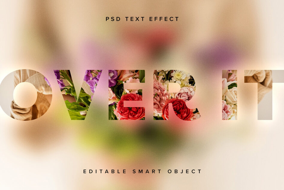 Floral photo cutouts filling letter shapes with soft pastel gradient background