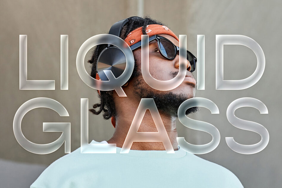 Person wearing headphones sunglasses orange headband with liquid glass text overlay