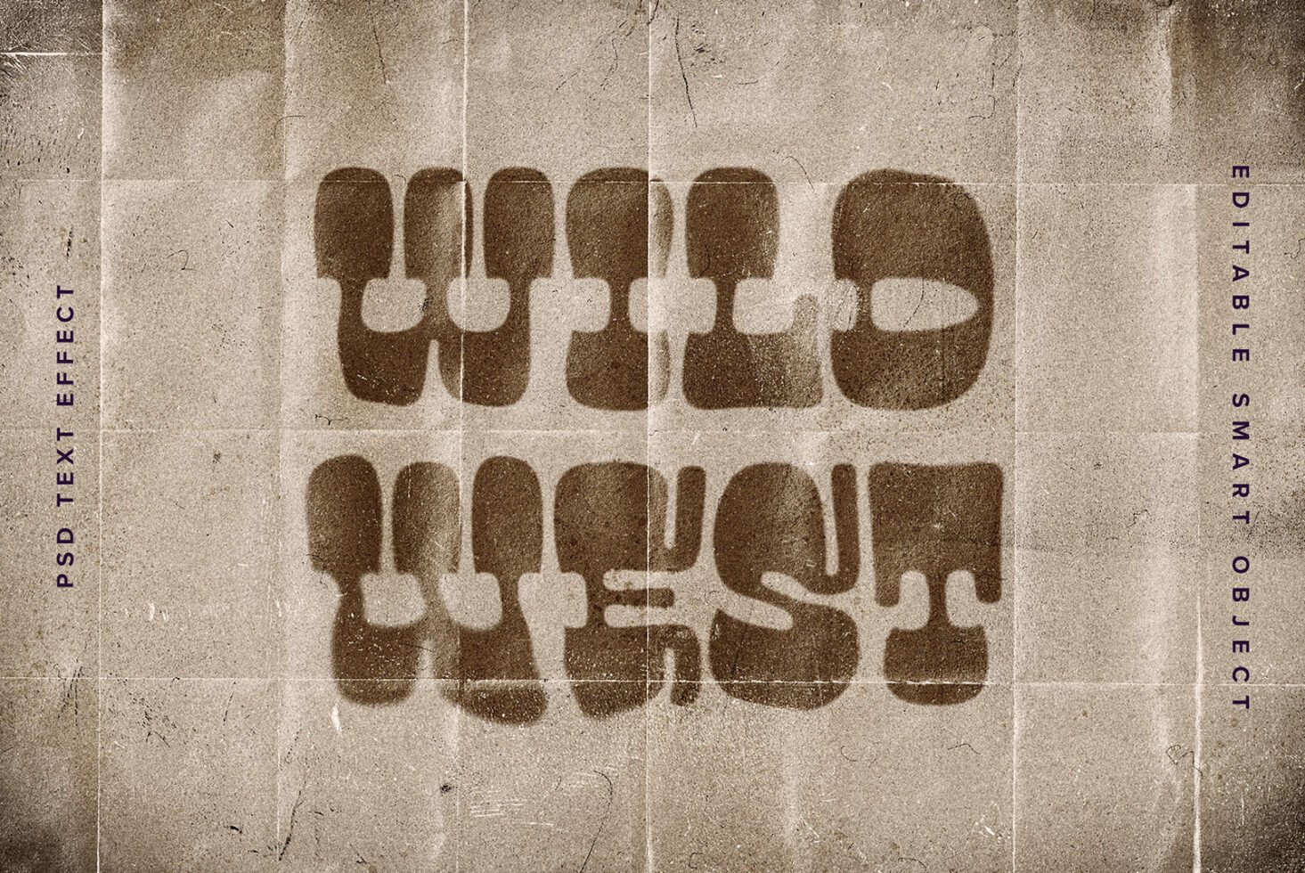 Grungy Wild West text style PSD mockup with editable smart object overlayed on textured paper background ideal for designers seeking vintage graphics.