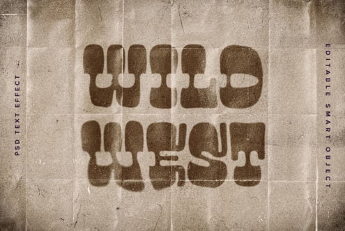 Grungy Wild West text style PSD mockup with editable smart object overlayed on textured paper background ideal for designers seeking vintage graphics.