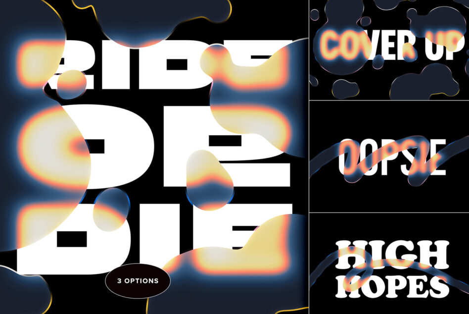 Bold glowing text overlaid on black background with colorful gradient halos, 3 layout options shown