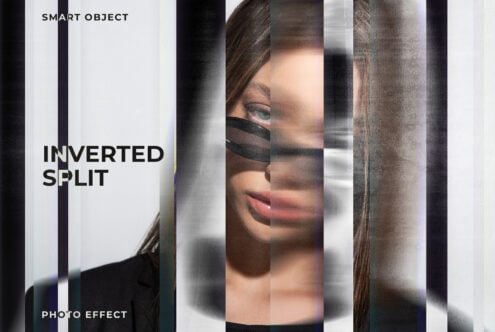 Inverted split photo effect mockup with abstract vertical lines overlaying a woman's face design tool for digital assets creative graphics and templates.