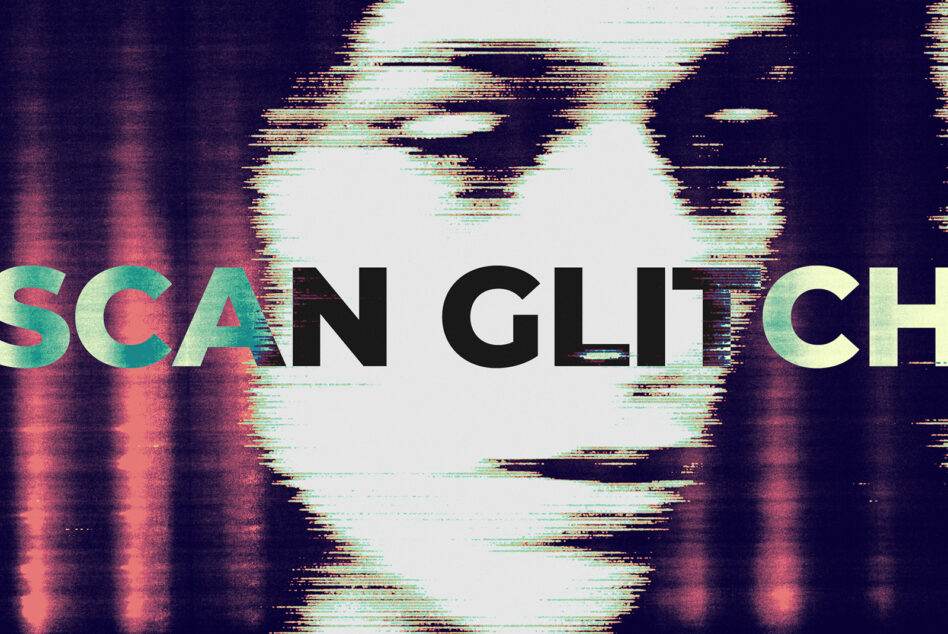 Glitch text effect with scan lines on dark background