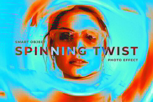 Digital photo effect showing a woman's face with a swirling twist effect in vibrant blue and orange hues. Perfect for graphic design mockups.