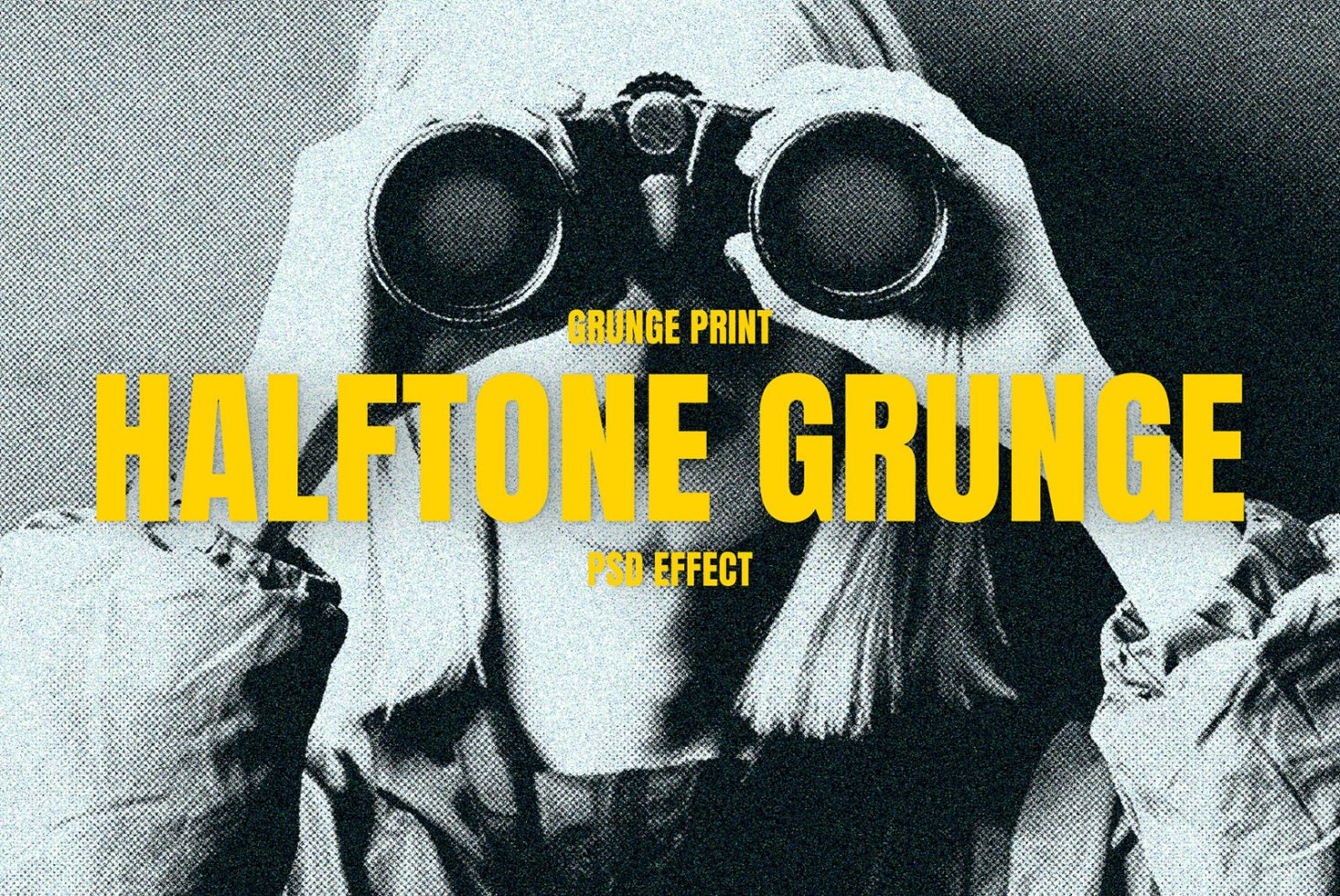 Halftone Grunge PSD effect design features a black and white retro image with a person using binoculars. Suitable for vintage graphics and mockups.