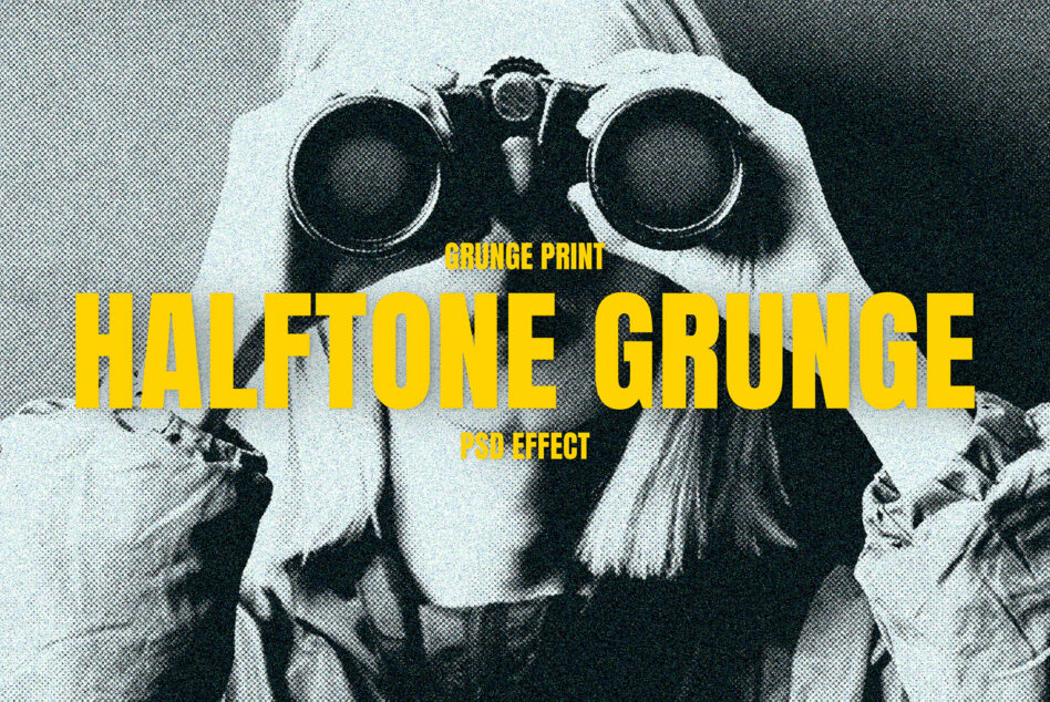 Binoculars photo with yellow grunge print text overlay on vintage halftone