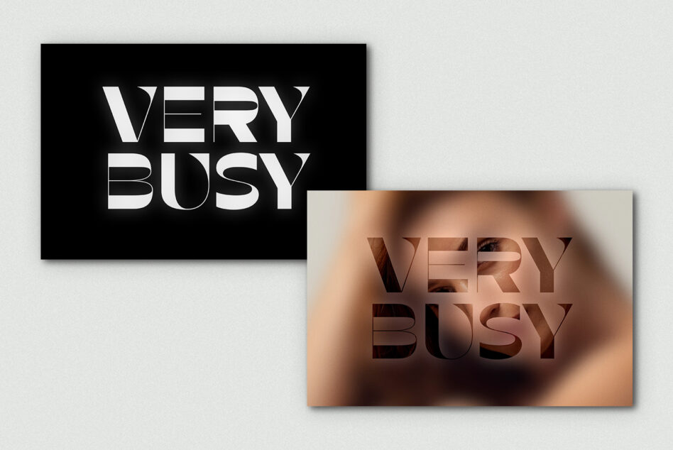 Two text effect mockups showing very busy in black with white letters, one in bronze on tan background