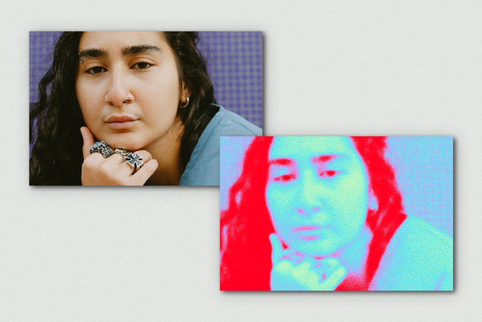 Before after split showing original portrait next to neon color graded version