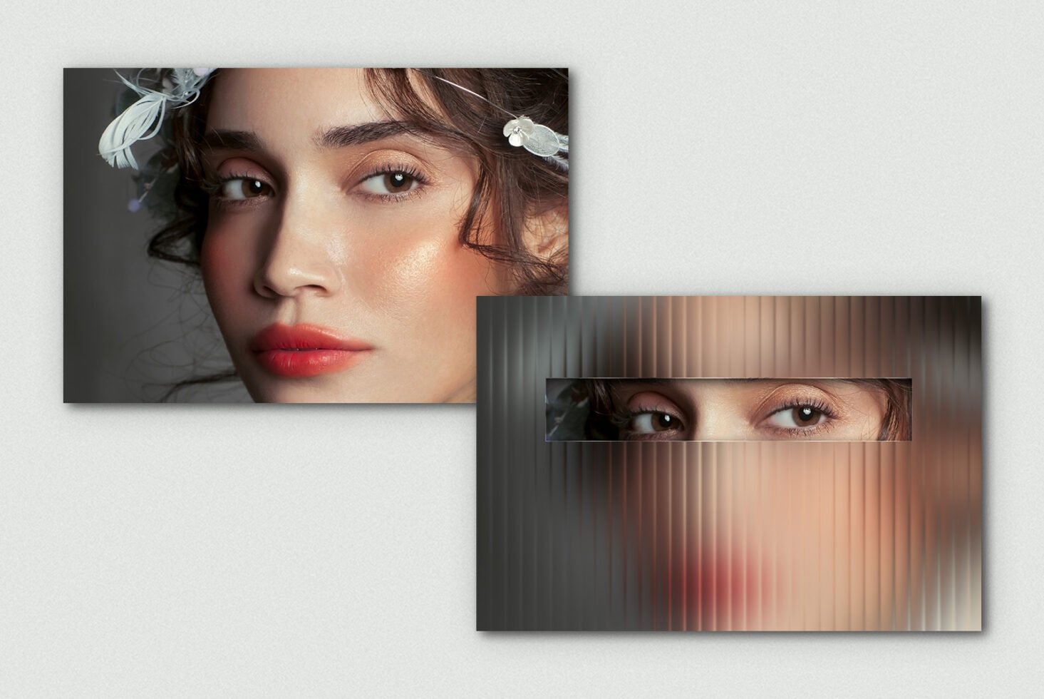 Close-up portrait with floral hair accessory; glossy makeup; blurred metallic effect; design mockup; digital artwork for graphics; SEO keywords included.