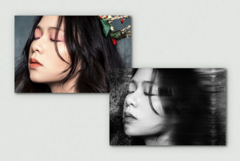 A double portrait of a woman with closed eyes; one side colorful, one monochrome. Perfect for digital mockup, graphic design projects, and photo editing.