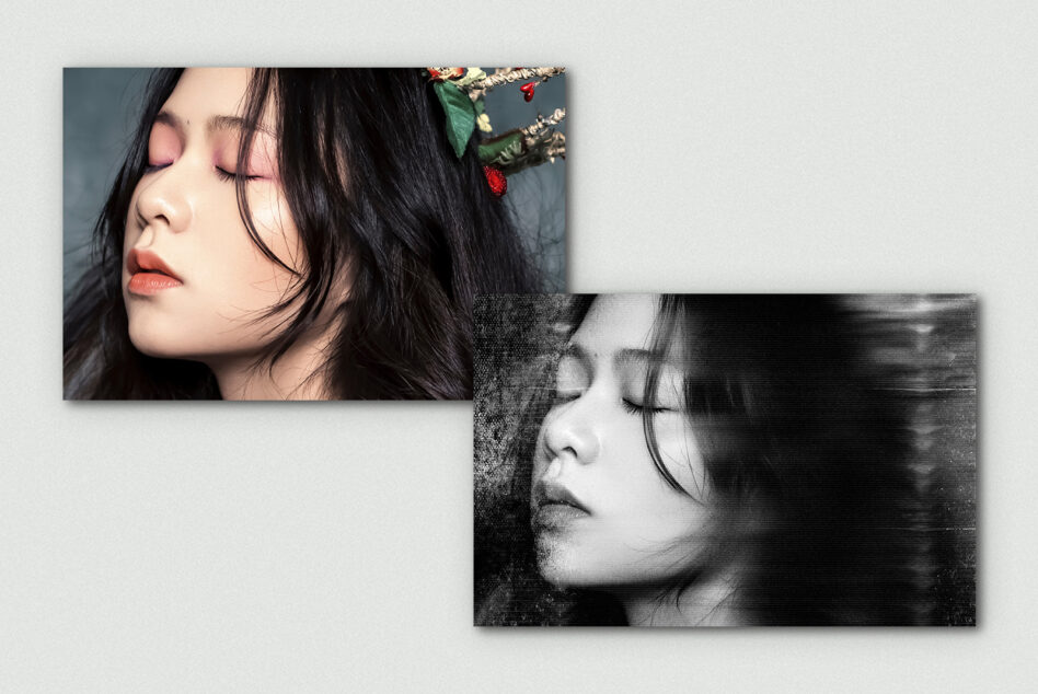 Split image of person with eyes closed, color version with berries, black white version below