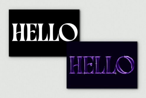 Bold typography design featuring the word HELLO in two styles. Black and white variant and glossy purple text. Ideal for graphic design templates.
